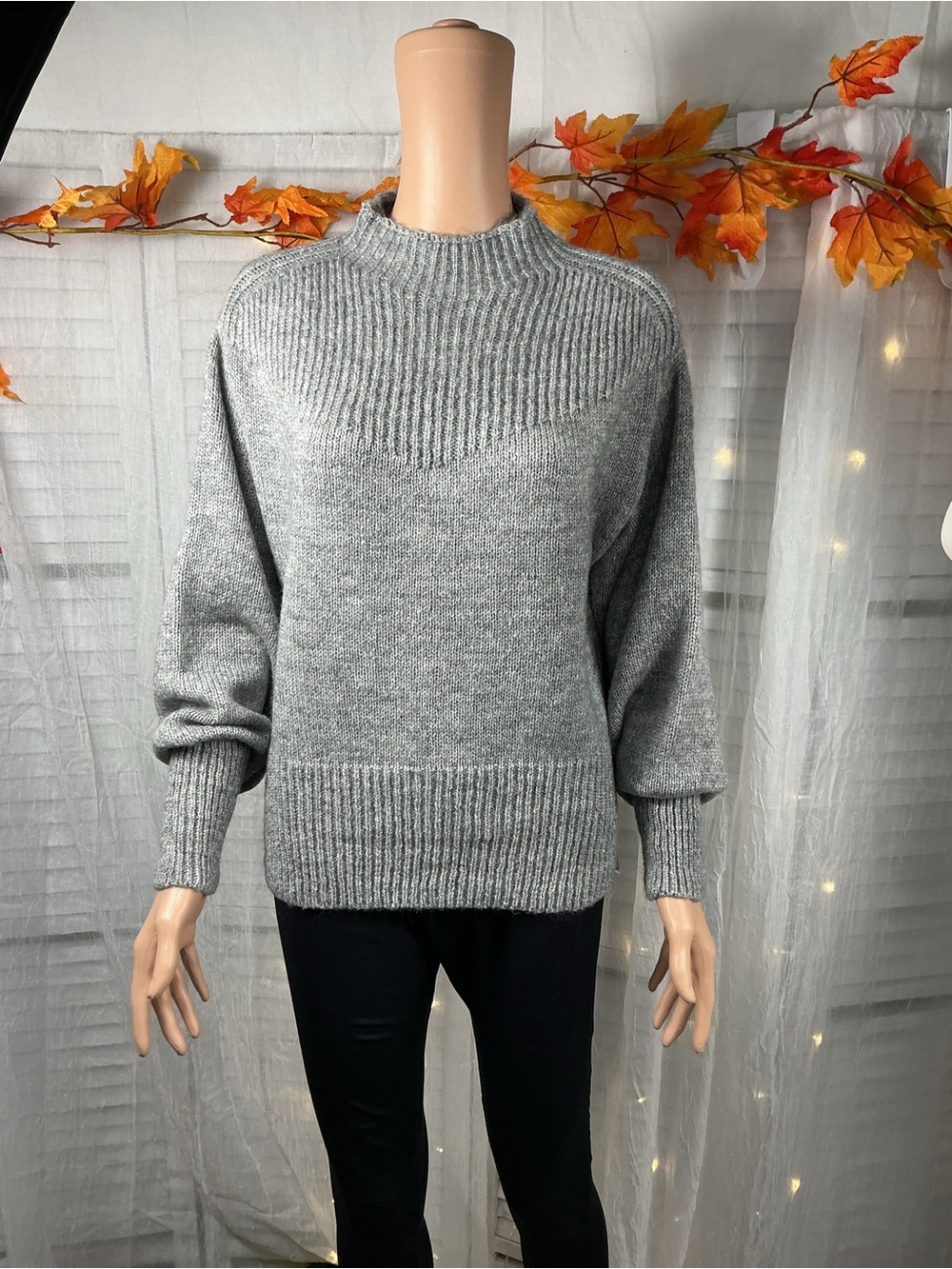 Zenana Balloon Sleeve Mock Neck Sweater - grey